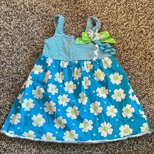 Sophia Rose Striped and Floral Blue Little Girls Dress with Green Bow
